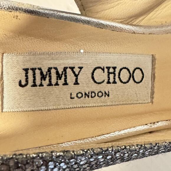 Jimmy Choo Shoes Womens 9.5 Silver Peep Toe Slingback Glitter Crystal Bow Heels - Picture 11 of 13